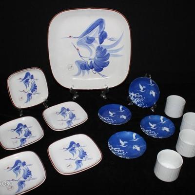 Fourteen Piece Japanese Crane Ceramic Set