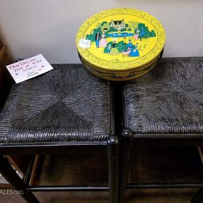 Pair of Black Rattan Stools