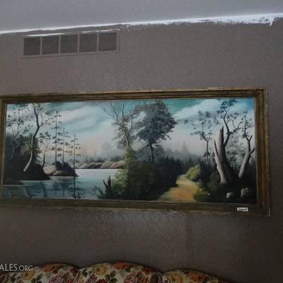 Large framed oil painting.- Has rip