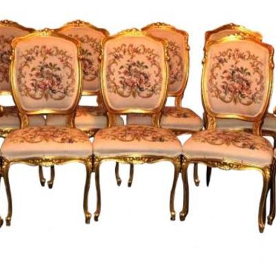 Set of 10, Gilt Dining Chairs w/Custom Petite Point Upholstery