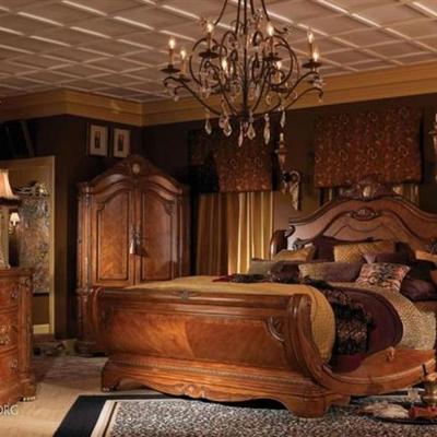 SPECTACULAR 7 PIECE MICHAEL AMINI CORTINA KING BEDROOM SET, INCLUDES KING BED, DRESSER, MIRROR, 2 NIGHTSTANDS, WARDROBE, AND LEATHER TOP...