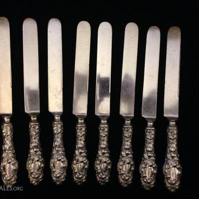 8 ANTIQUE GEO. W. SHIEBLER STERLING SILVER KNIVES, FLORA PATTERN, STERLING HANDLES, NOT MARKED WITH MAKER OR MARKED STERLING,...