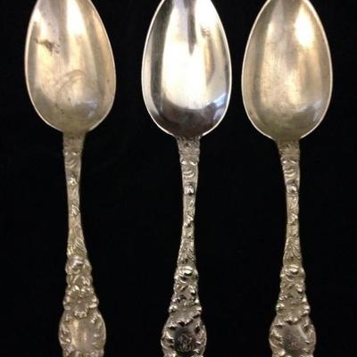 3 ANTIQUE GEO. W. SHIEBLER STERLING SILVER SERVING SPOONS, FLORA PATTERN, APPROX 8.25"L, MONOGRAMMED, APPROX 237 GRAMS TOTAL...