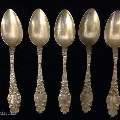 5 ANTIQUE GEO. W. SHIEBLER STERLING SILVER SPOONS, FLORA PATTERN, APPROX 5.75"L, MONOGRAMMED, APPROX 152 GRAMS TOTAL STERLING WEIGHT
