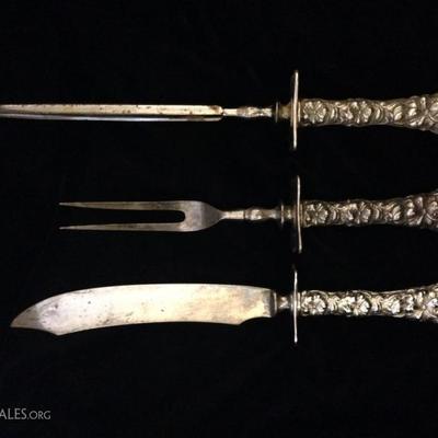 3 PC ANTIQUE GEO. W. SHIEBLER STERLING SILVER CARVING SET, FLORA PATTERN, INCLUDES KNIFE, FORK, AND KNIFE SHARPENER, STERLING HANDLES,...