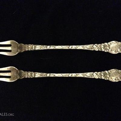 2 ANTIQUE GEO. W. SHIEBLER STERLING SILVER COCKTAIL FORKS, FLORA PATTERN, APPROX 6 3/8"L, MONOGRAMMED, APPROX 27 GRAMS TOTAL...