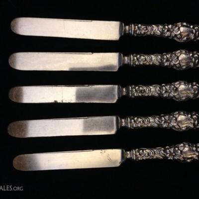 5 ANTIQUE GEO. W. SHIEBLER STERLING SILVER KNIVES, FLORA PATTERN, STERLING HANDLES, NOT MARKED WITH MAKER OR MARKED STERLING,...