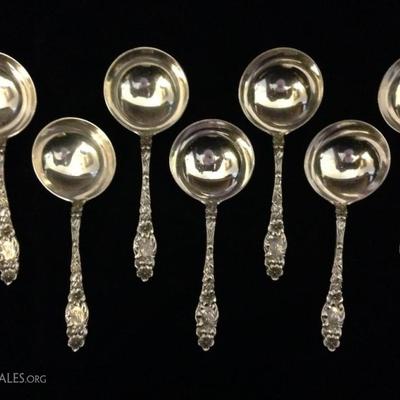 7 ANTIQUE GEO. W. SHIEBLER STERLING SILVER BOULLION SPOONS, FLORA PATTERN, APPROX 4 3/8"L, MONOGRAMMED, APPROX 131 GRAMS TOTAL...