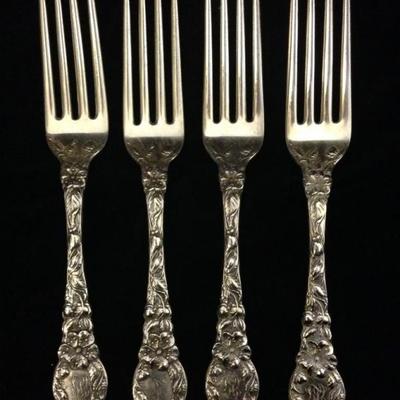 4 ANTIQUE GEO. W. SHIEBLER STERLING SILVER FORKS, FLORA PATTERN, APPROX 6.75"L, MONOGRAMMED, APPROX 223 GRAMS TOTAL STERLING WEIGHT

