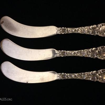 3 ANTIQUE GEO. W. SHIEBLER STERLING SILVER BUTTER KNIVES, FLORA PATTERN, APPROX 5.75"L, MONOGRAMMED, APPROX 74 GRAMS TOTAL STERLING...