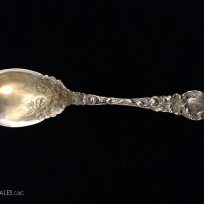 ANTIQUE GEO. W. SHIEBLER STERLING SILVER SPOON, FLORA PATTERN, APPROX 5 3/8"L, MONOGRAMMED, APPROX 23 GRAMS TOTAL STERLING WEIGHT
