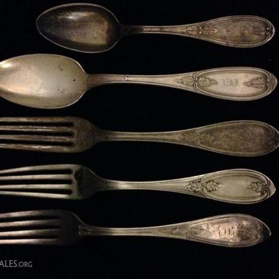 5 PC GROUP ANTIQUE STERLING SILVER FORKS & SPOONS, SIMILAR PATTERNS, INCLUDES TIFFANY & CO. AND J.A. BADCOCK, TWO HAVE MONOGRAMS,...