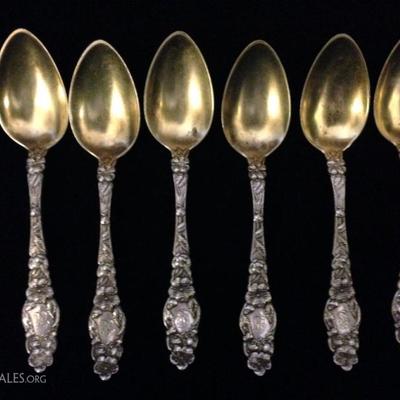 6 ANTIQUE GEO. W. SHIEBLER STERLING SILVER DEMITASSE SPOONS, FLORA PATTERN, GOLD WASH, APPROX 4.25"L, MONOGRAMMED, APPROX 71 GRAMS...