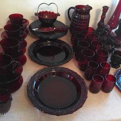 Vintage Ruby Red Glassware. Avon Cape Code, Anchor Hocking Bubble Glass Pitcher and Tumblers, 