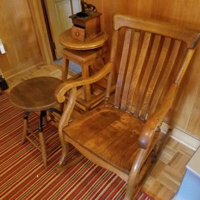 oak 4 legged arm chair, oak stools