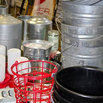 Utility buckets of various materials - galvanized, plastic, wire, etc.