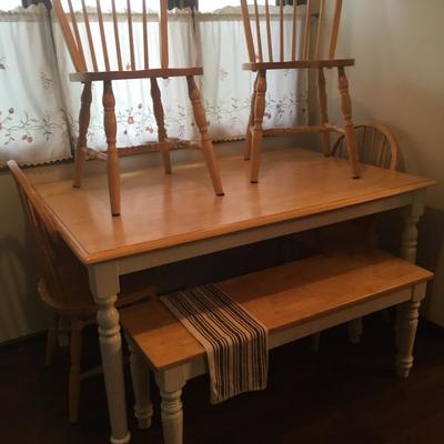country kitchen table (6 chairs, hidden leaf) and matching bench (bench sold separately)