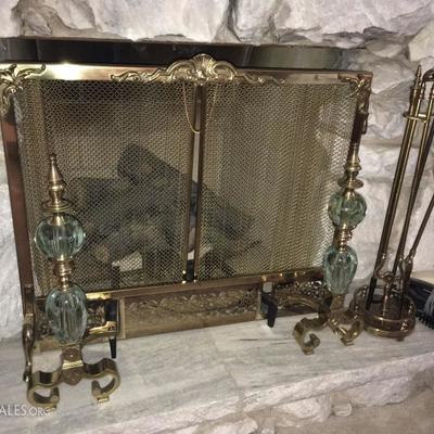 ornate fireplace screen, andirons, & tools