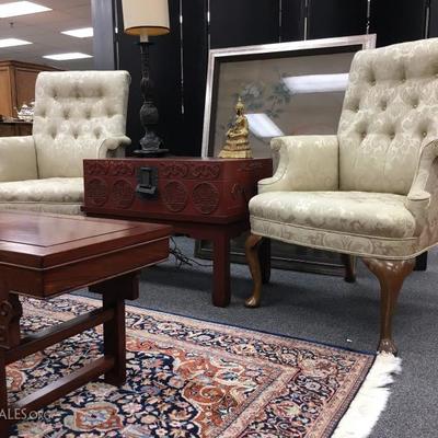 Tufted Back Rolled Arm Chairs, Pig Skin Trunk on Stand, Asian Style Coffee Table