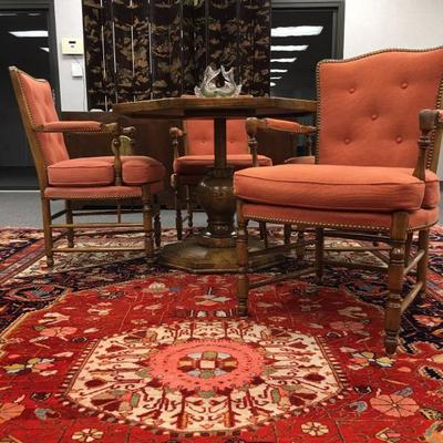Octagonal Adjustable Height Pedestal Table from Old Colony Furniture Company, Persian Wool Rug, French Country Style Arm Chairs from...
