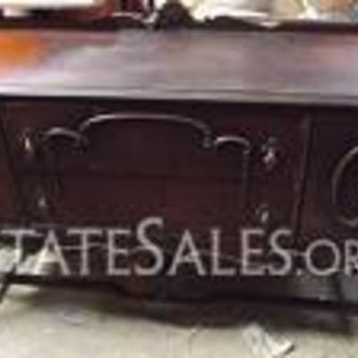 Antique Dark Stained Wood Ornate Buffet
