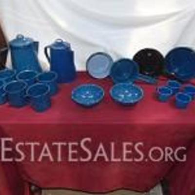 Set of Blue & White Speckled Enamelware Cookware