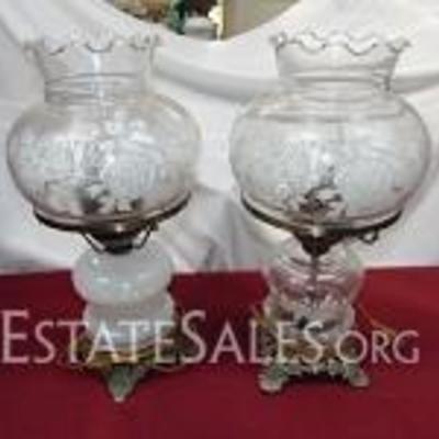 Two Vintage Glass Hurricane Table Lamps