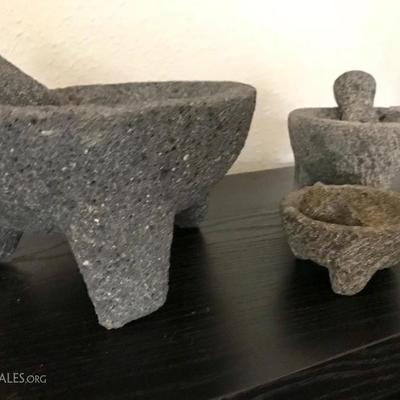 Authentic molcajetes made with heavy stone. Large to mini size. Price at Estate Sale: $45 for all 3.