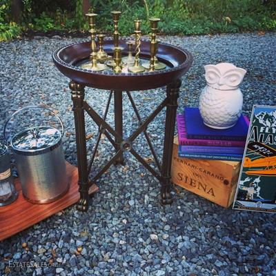 Many side/end tables in all styles, vintage brass candlesticks, vintage barware etc.