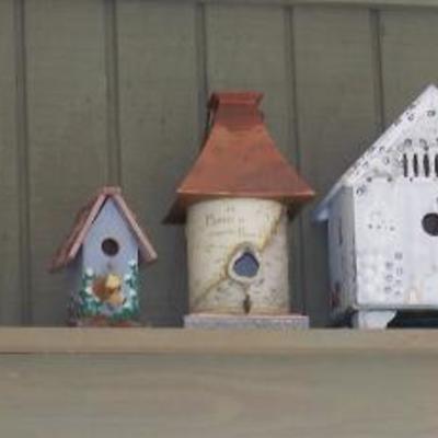 Lots of decorative bird houses