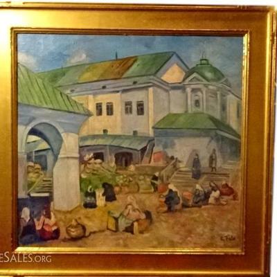LARGE OIL ON CANVAS PAINTING, MARKETPLACE SCENE