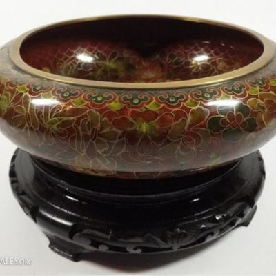 CHINESE CLOISONNE BOWL ON WOOD STAND