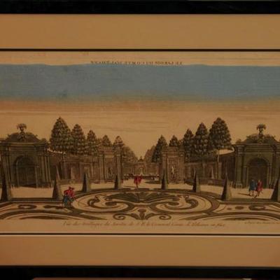 GARDENS OF GENERAL COMLE HAND COLORED COPPER ENGRAVING 1750