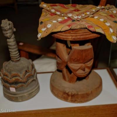 TRIBAL AFRICAN WOOD HAT AND STOOL