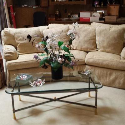 Sherrill Sofa with loose pillow back - H 37 W 109 D 23 - Seat Height approx. 18 inches - Overall depth 41 inches - 47 in length glass...
