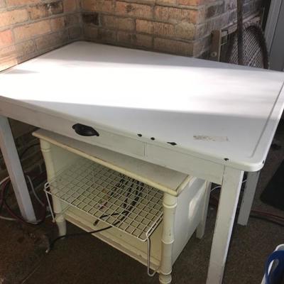 VINTAGE ENAMEL TOP DINING TABLE WITH DRAWER