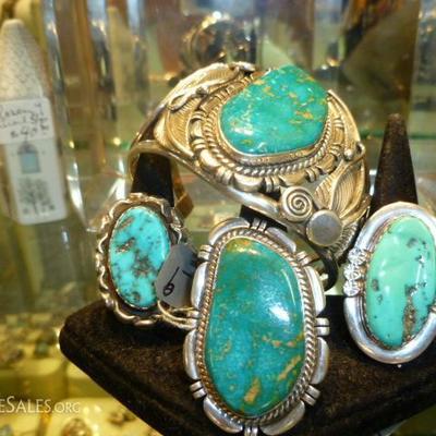 Selection of Native American Turquoise jewelry.  Many signed.