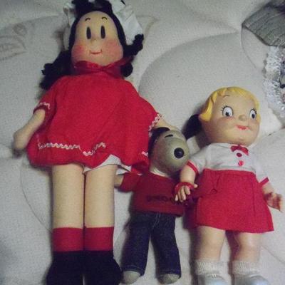 Vintage 1950's Little LuLu Doll ( we have 2 ), Vintage Snoopy, Vintage 1970's Campbell Soup Kids 