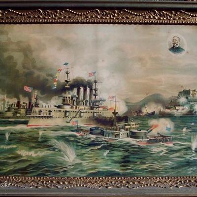 FINE 19TH CENTURY CHROMOLITHOGRAPH OF THE Bombardment and Sinking of the Merrimac IN THE harbor of Santiago de Cuba, June 3, 1898...