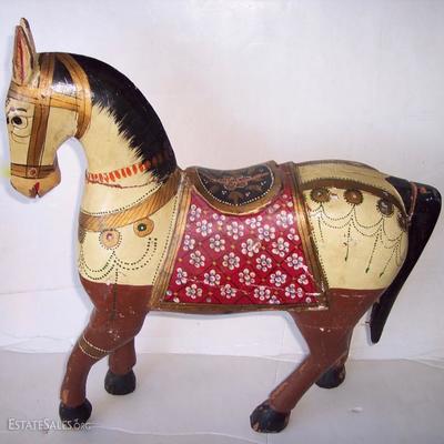 ANTIQUE AMERICAN HAND CARVED & HAND PAINTED WOOD TOY HORSE 19 TALL 17 LONG 5 WIDE