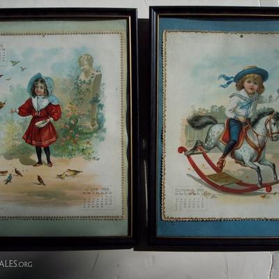 2 MCLOUGHLIN BROS. 1898 CHROMOLOTHOGRAPH CALENDARS IMAGES ARE CHILD ON HER ROCKING HORSE NAME CHARGER & A CHILD FEEDING BIRDS FINE COLOR...