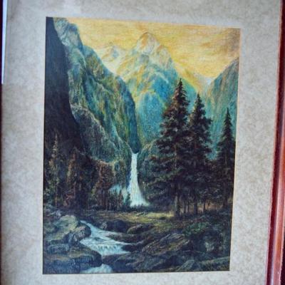 SIGNED 19THC QUALITY PASTEL OF MOUNTAINS, TREES & WATERFALL --THE SIGNATURE IS VISIBLE24 X 21 FRAMED 18 X 13 IMAGE SIZE