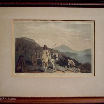 OLD MASTERS HAND COLORED ENGRAVING LANDSCAPE OF WORKING MEN WITH CART AND DONKEY AND BACKGROUND MOUNTAINS SCENE SIGNED R. HAVELL 1814...