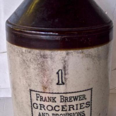 # 1 FRANK BREWER GROCERIES AND PROVISIONS QUINCY, MA STONEWARE JUG 12