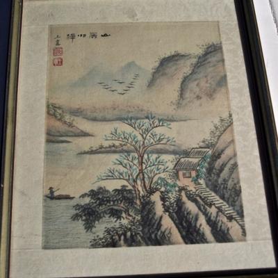 FINE QUALITY VINTAGE CHINESE LANDSCAPE PAINTING WITH MOUNTAINS, LAKE AND BOATARTIST BLIND STAMP. 11 X 9 FRAMED. 8 X 6 SHEET SIZE