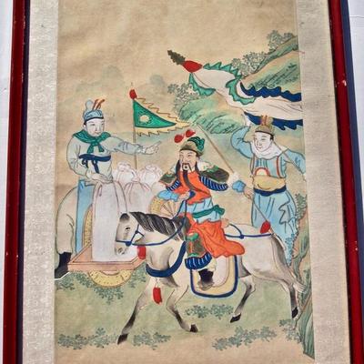 19TH CENTURY CHINESE PAINTING ON HAND MADE PAPER OF WARRIOR IN A FAST GALLOP WITH TWO FIGURES WATCHING FINE COLORS 19.5 X 13.5