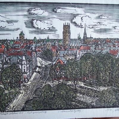 VERY FINE HAND COLORED CITY SCAPE WOODCUT WITH ARTIST CHOP & SIGNED12.5 X 17.5 SHEET SIZE -- UNFRAMED -