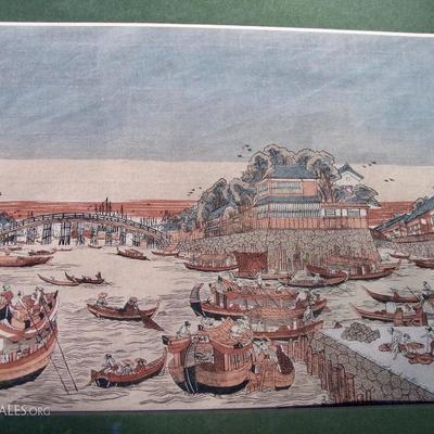 19TH CENTURY JAPANESE WOODBLOCK IN COLORS ON HAND MADE PAPER WITH ARTIST SIGNATURE & SEAL WITH WRITING-- IMAGE OF MANY BOATS,STRUCTURES &...