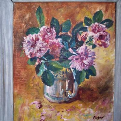 LISTED ARTIST HERBERT MEYER FLOWERS OIL PAINTING 12X10 OVERALL CANVAS SIZE 10X8