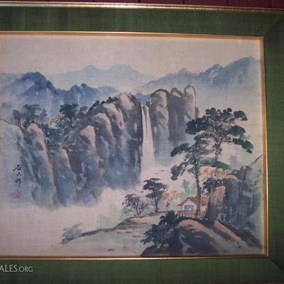 19TH CENTURY CHINESE MOUNTAIN LANDSCAPE WITH ARTIST BLIND STAMP AND SIGNATURE --PAINTED ON SILK -- FINE QUALITY22 X 25.5 FRAMED. 17 X...
